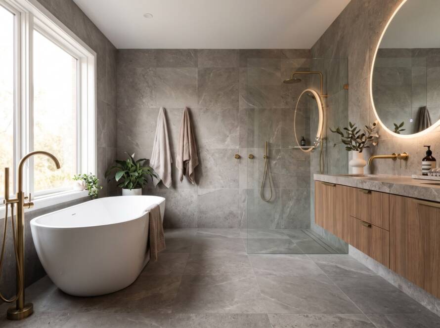 Grey stone bathroom with freestanding bath