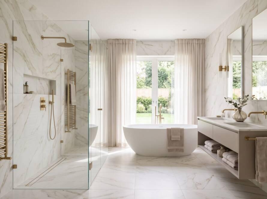 Marble bathroom renovation with freestanding bath and walk-in shower