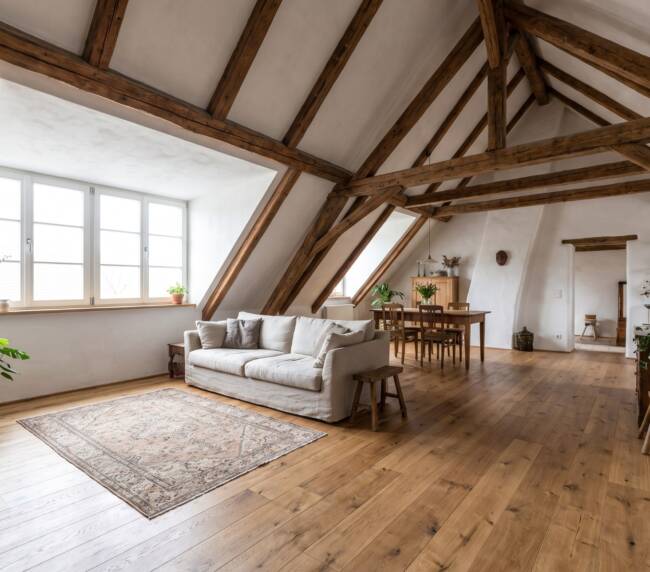 Loft conversion living room with exposed timber roof beams