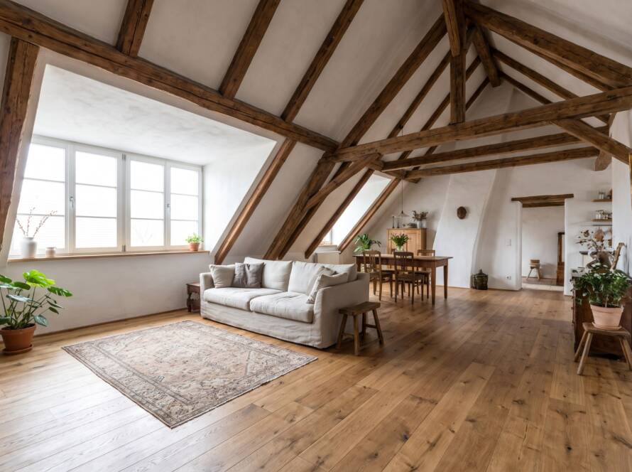 Loft conversion living room with exposed timber roof beams