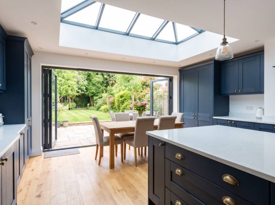Navy blue kitchen extension with bi-fold doors and roof lantern