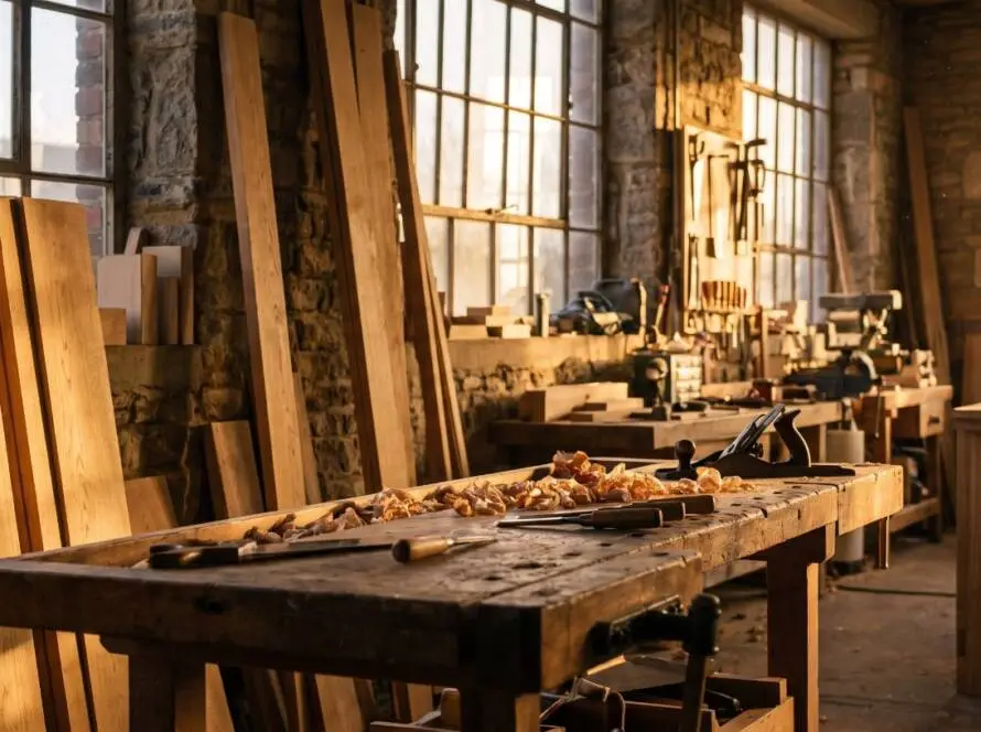 Bespoke carpentry workshop with timber workbench