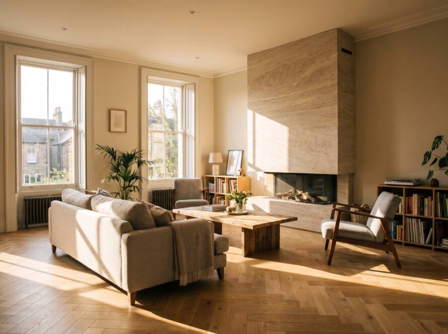 Living room renovation with large sash windows