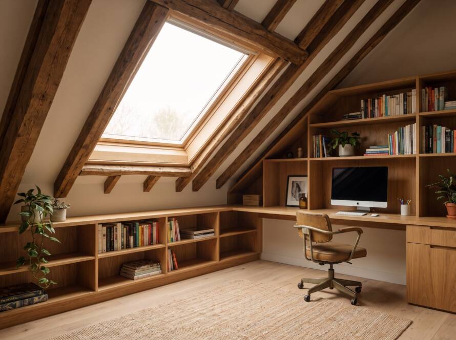 Loft conversion with built-in bookshelves under a skylight