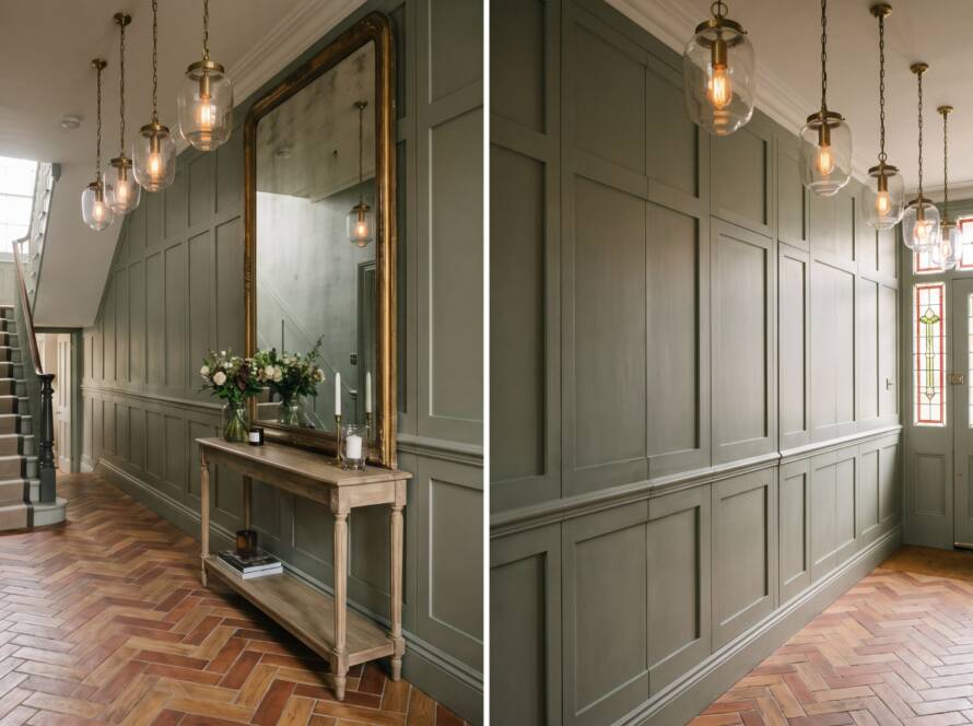 Hallway renovation with sage green wall panelling and gold-framed mirror