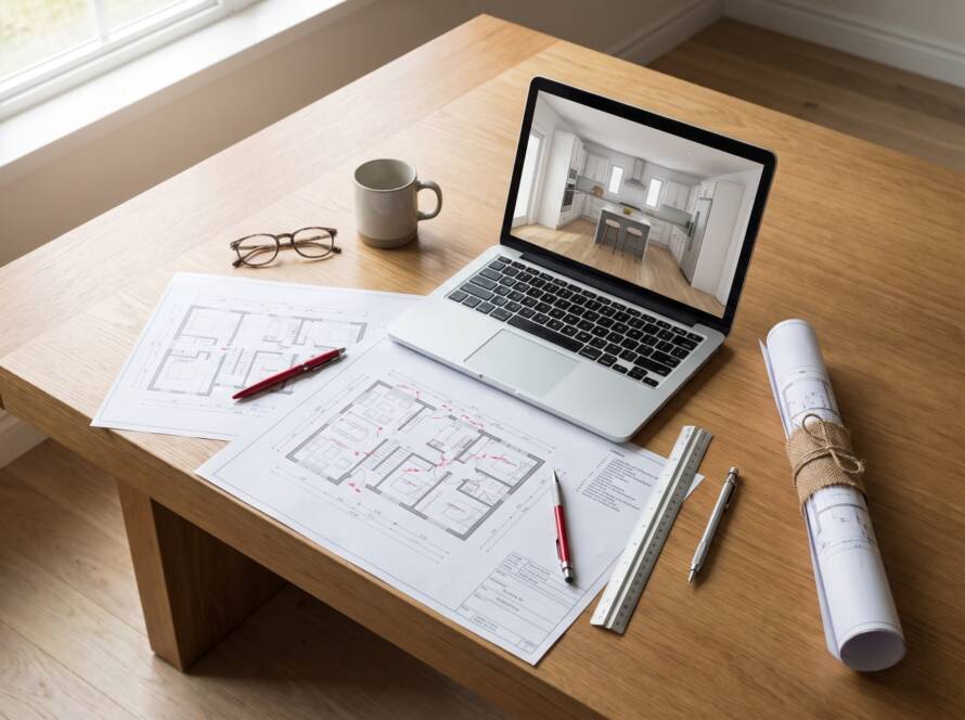 Architectural floor plans on a desk with laptop