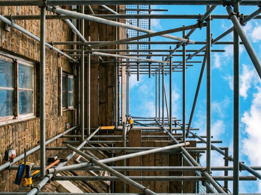 Scaffolding on a brick building during renovation