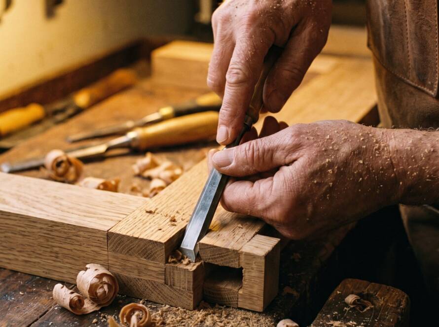 Close-up of bespoke wood joinery being hand-carved