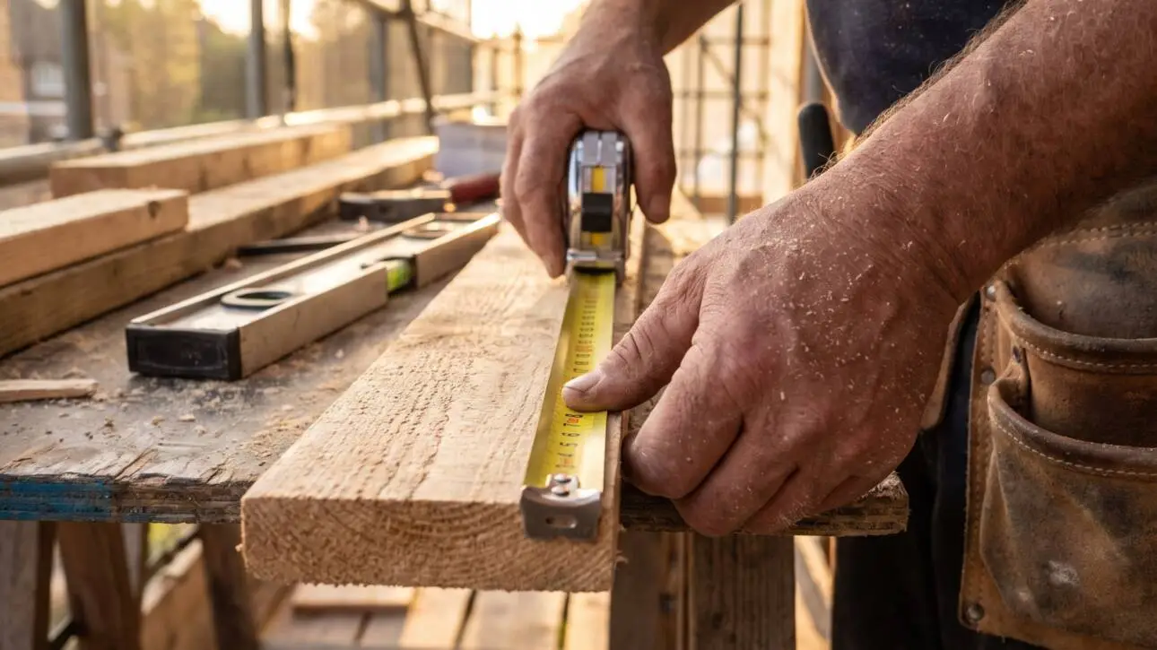 Builder measuring timber framing on a construction site