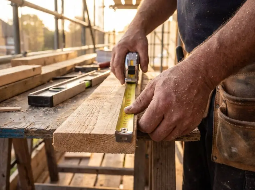 Builder measuring timber framing on a construction site