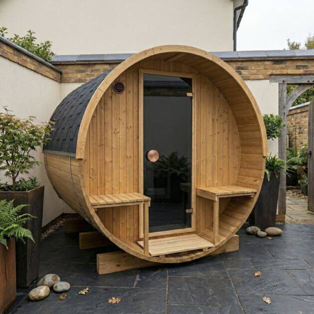 Barrel 210 Sauna – 4-seat Thermowood barrel sauna with glass door